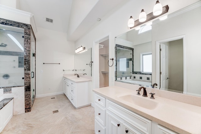 bathroom featuring visible vents, a garden tub, two vanities, a sink, and a shower stall