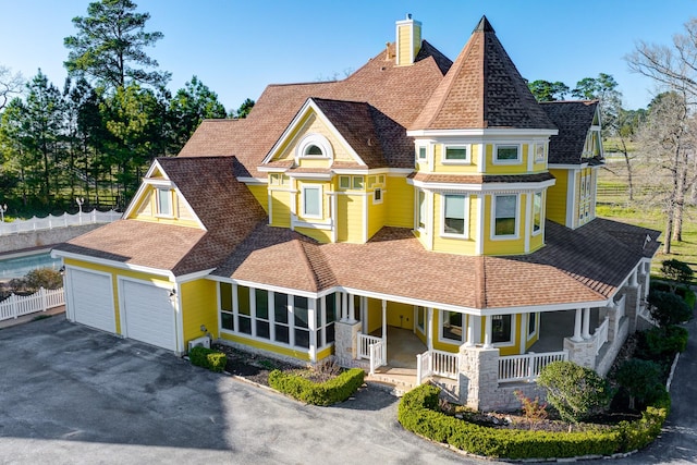 victorian-style house with aphalt driveway, fence, covered porch, a garage, and a chimney