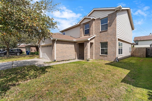 traditional home with brick siding, an attached garage, fence, a front yard, and driveway