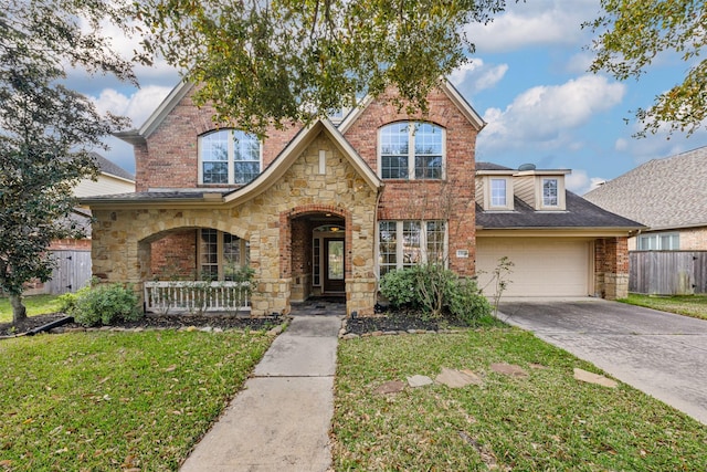 traditional-style home featuring a front lawn, driveway, a porch, fence, and an attached garage