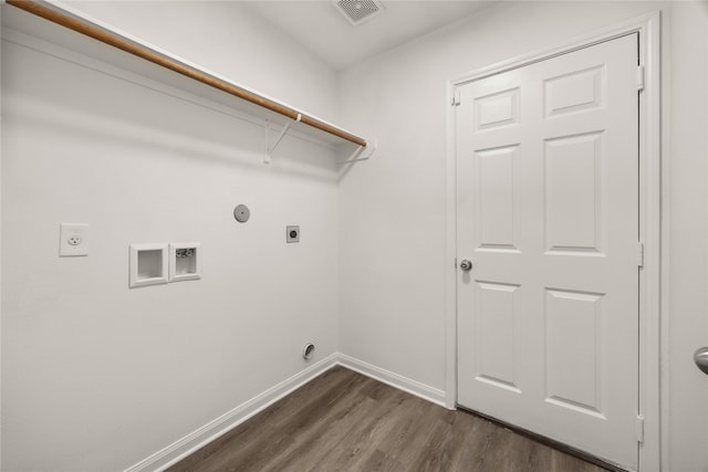 laundry area featuring baseboards, visible vents, hookup for an electric dryer, laundry area, and dark wood-type flooring