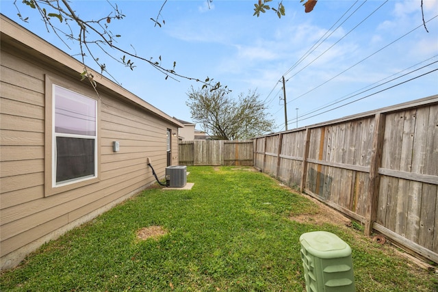 view of yard with central AC unit and a fenced backyard