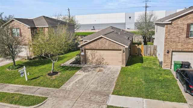 view of front of home with brick siding, fence, concrete driveway, a front yard, and an attached garage