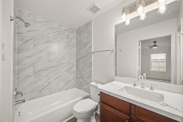 full bathroom with bathtub / shower combination, toilet, vanity, and visible vents