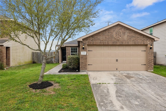 view of front of home with brick siding, driveway, a front yard, and a garage