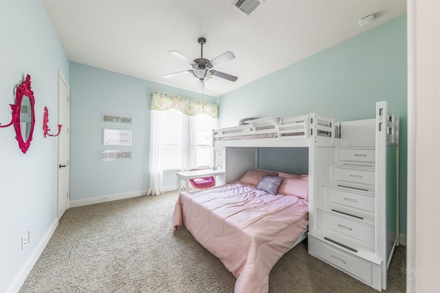 bedroom featuring visible vents, baseboards, a ceiling fan, and carpet flooring