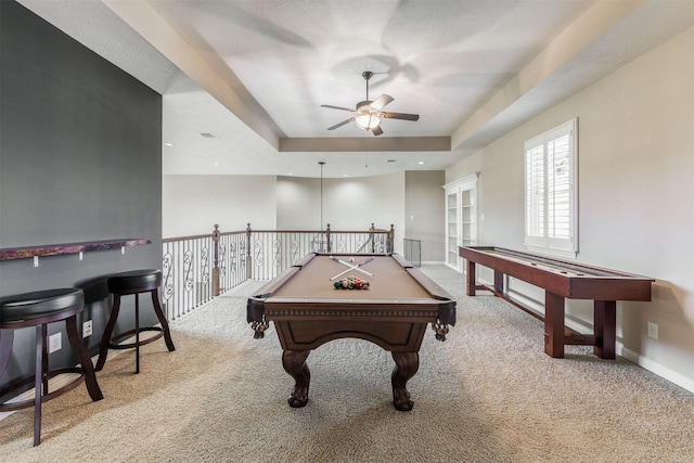 game room featuring billiards, a ceiling fan, baseboards, carpet floors, and a raised ceiling