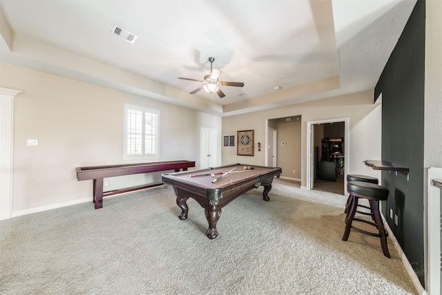 recreation room featuring visible vents, pool table, ceiling fan, carpet flooring, and a raised ceiling