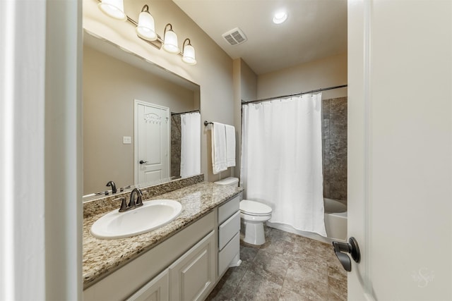 bathroom with vanity, toilet, shower / bathtub combination with curtain, and visible vents