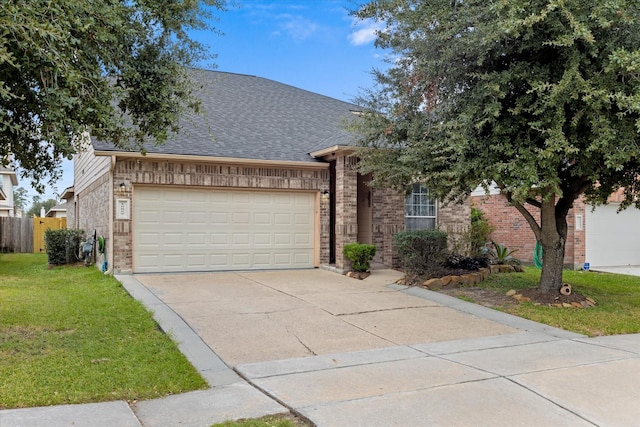 view of front facade with driveway, roof with shingles, an attached garage, a front lawn, and brick siding