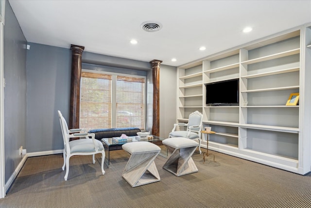 sitting room featuring recessed lighting, visible vents, and baseboards