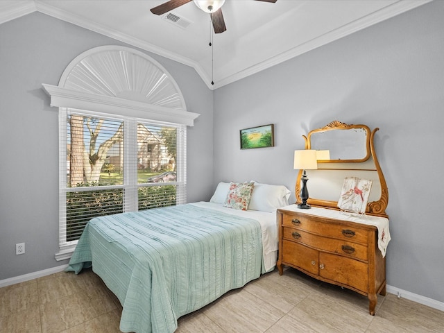 bedroom with vaulted ceiling, baseboards, visible vents, and ornamental molding