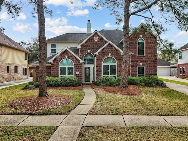 traditional home featuring a front lawn, brick siding, roof with shingles, and a chimney