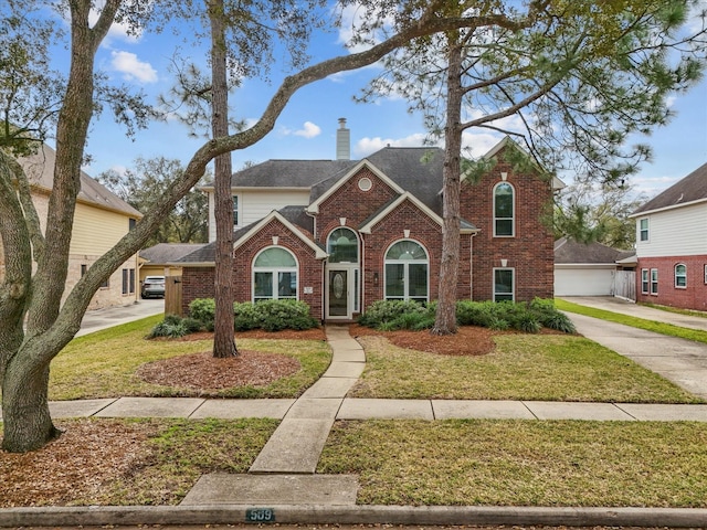 traditional-style home with brick siding, a chimney, and roof with shingles