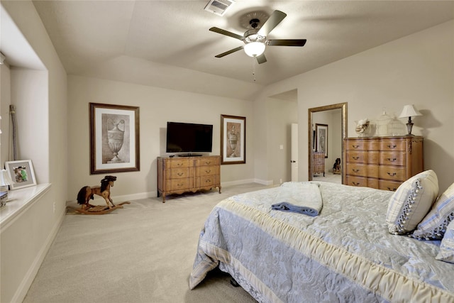 2814 S Cotswold Manor Dr, Kingwood, TX 77339 - carpeted bedroom featuring a ceiling fan, lofted ceiling, baseboards, and visible vents
