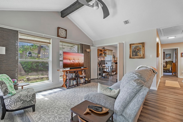 living area featuring wood finished floors, visible vents, lofted ceiling with beams, and a ceiling fan