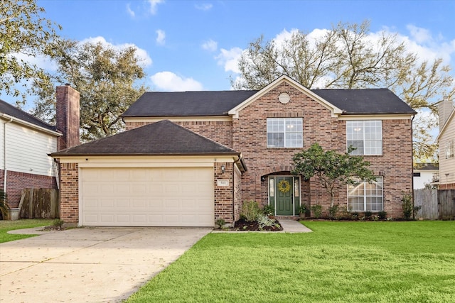 traditional-style home with a front yard, fence, an attached garage, concrete driveway, and brick siding