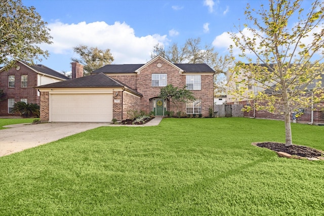 view of front facade with concrete driveway, brick siding, and a front lawn