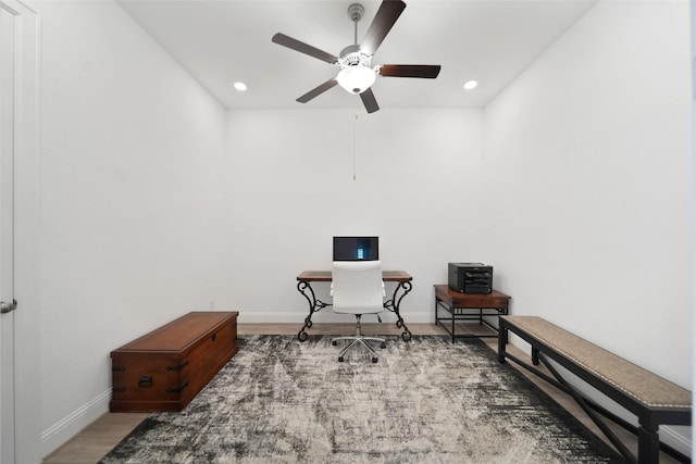 office area with recessed lighting, baseboards, wood finished floors, and a ceiling fan