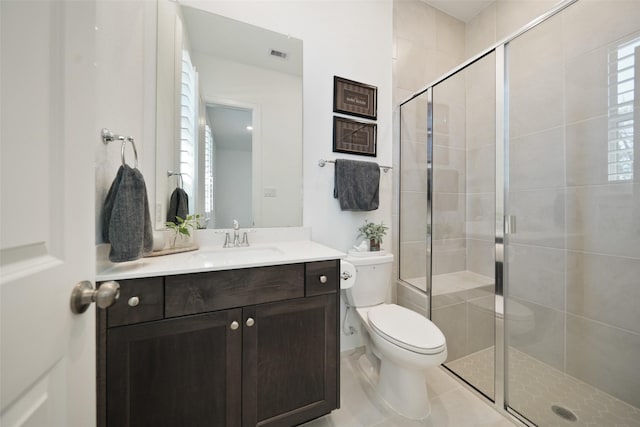 full bathroom with visible vents, vanity, toilet, and a shower stall