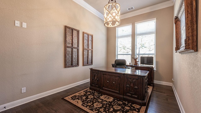 office space with dark wood finished floors, visible vents, crown molding, and baseboards