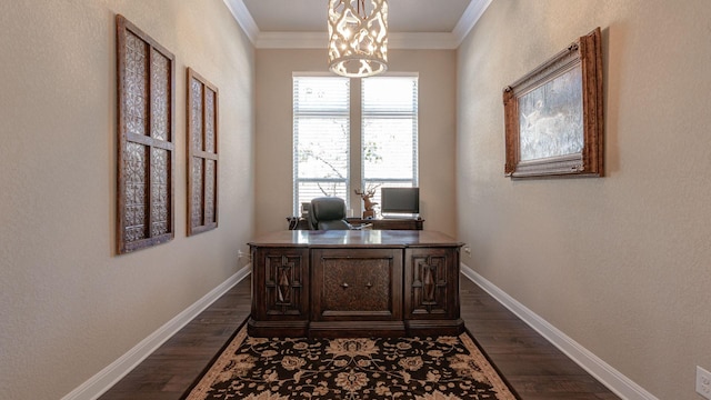 office featuring a notable chandelier, baseboards, dark wood-style flooring, and ornamental molding