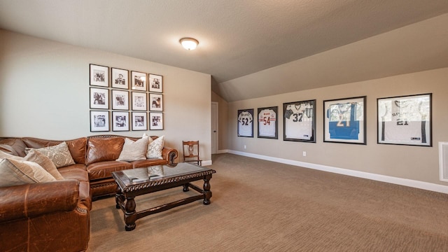 living room featuring visible vents, baseboards, carpet, vaulted ceiling, and a textured ceiling