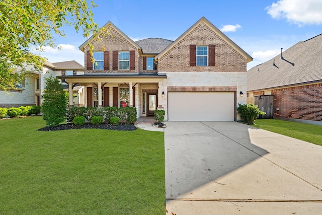 view of front of property with brick siding, a porch, concrete driveway, a front yard, and a garage