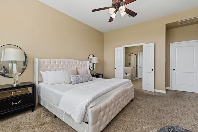 bedroom featuring light carpet, visible vents, ceiling fan, and baseboards