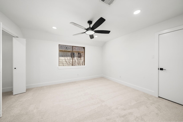 unfurnished bedroom featuring carpet flooring, recessed lighting, visible vents, and baseboards