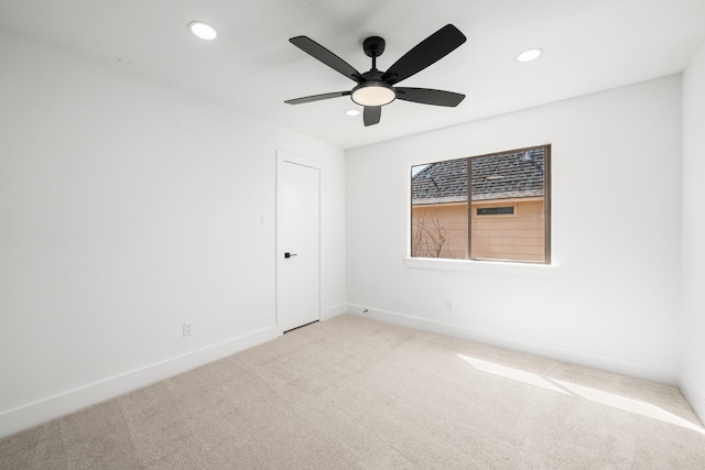 unfurnished room featuring recessed lighting, baseboards, carpet, and ceiling fan