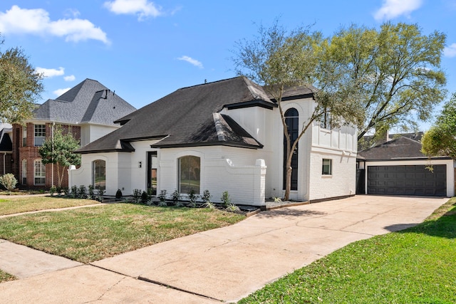 french country inspired facade featuring a garage, a front yard, concrete driveway, and brick siding