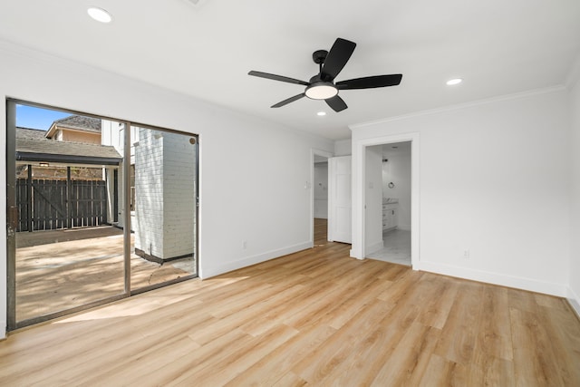 unfurnished bedroom featuring crown molding, access to outside, wood finished floors, and baseboards