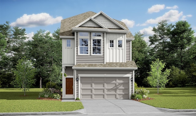 8821 Knoll Branch Dr, Houston, TX 77080 - view of front of home featuring board and batten siding, a garage, a front yard, a shingled roof, and driveway