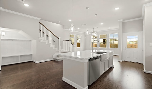 8821 Knoll Branch Dr, Houston, TX 77080 - kitchen with a sink, open floor plan, ornamental molding, dark wood finished floors, and stainless steel dishwasher
