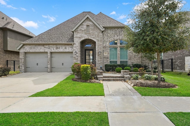 french country style house with brick siding, a garage, driveway, and roof with shingles