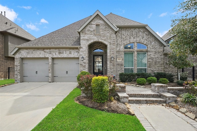 french country home featuring a garage, brick siding, roof with shingles, and concrete driveway