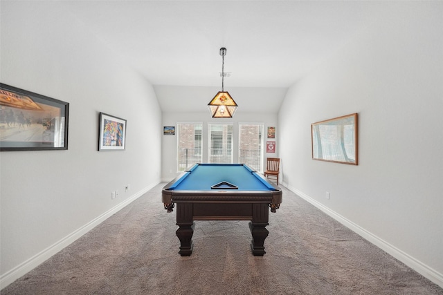 game room featuring lofted ceiling, carpet flooring, billiards, and baseboards