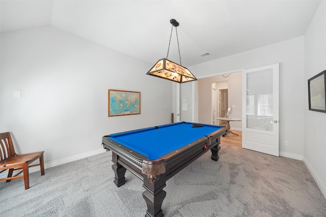 playroom with visible vents, billiards, carpet flooring, baseboards, and vaulted ceiling