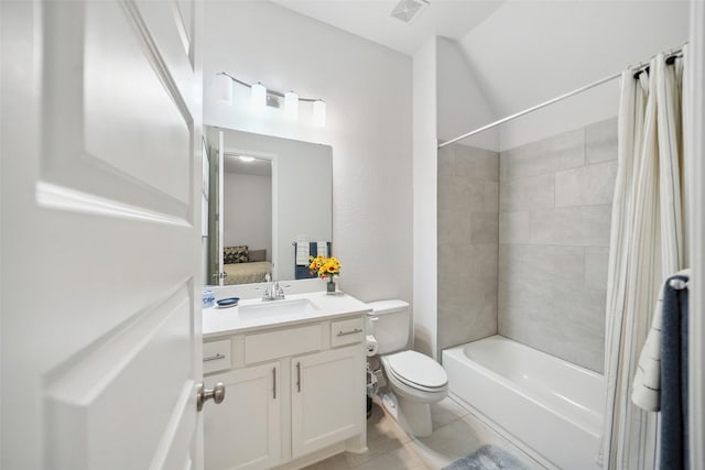 bathroom featuring tile patterned floors, visible vents, shower / bathtub combination with curtain, toilet, and ensuite bathroom