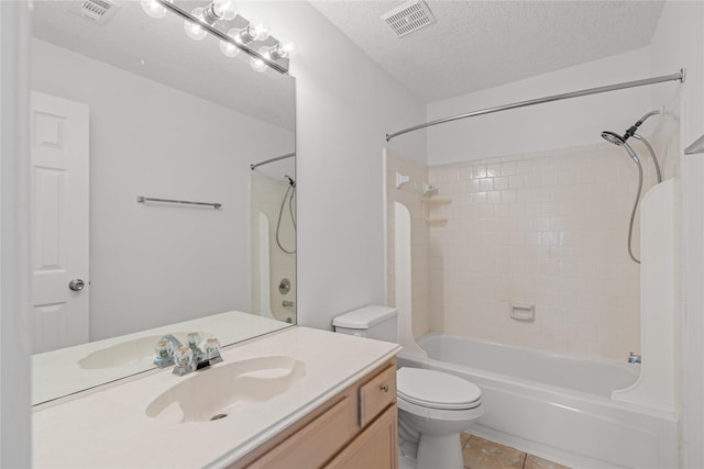 bathroom with bathtub / shower combination, visible vents, toilet, and tile patterned flooring