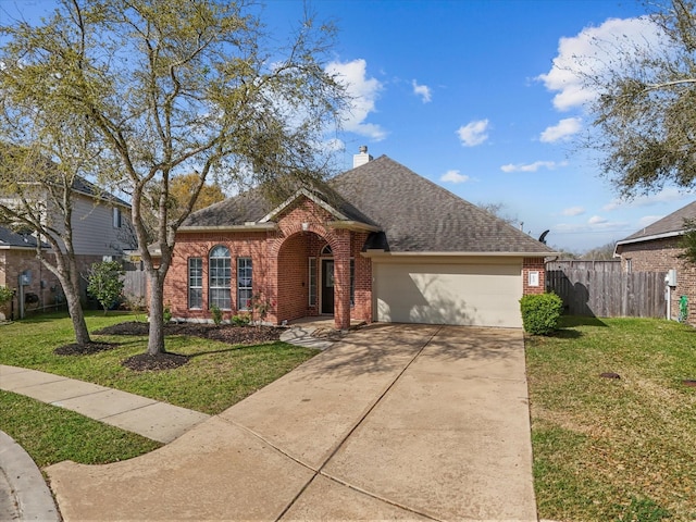 view of front of home featuring a front yard, fence, driveway, an attached garage, and brick siding