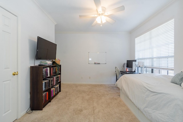 bedroom with light colored carpet, baseboards, and ornamental molding