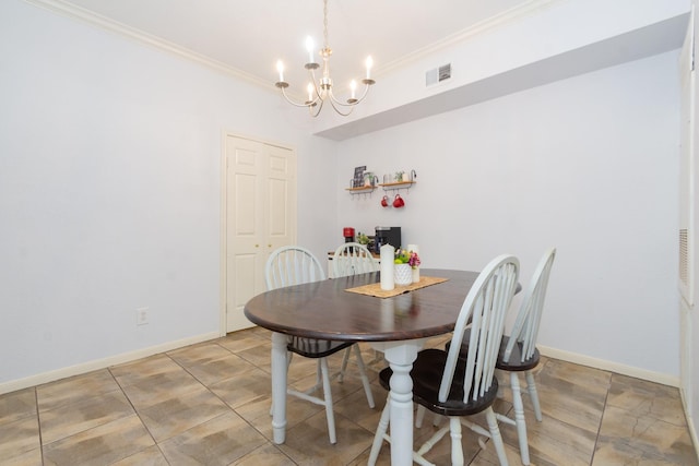 dining area with a chandelier, visible vents, crown molding, and baseboards