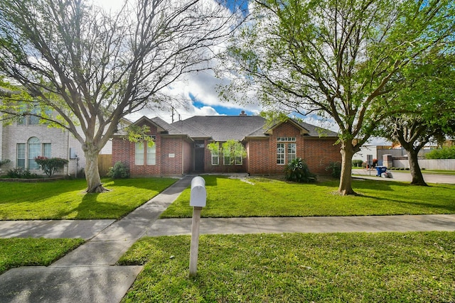 view of front of home featuring brick siding, a shingled roof, and a front lawn