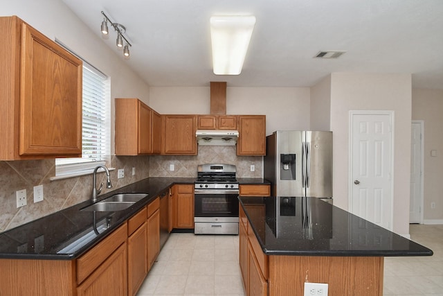 kitchen with under cabinet range hood, a sink, tasteful backsplash, a center island, and stainless steel appliances