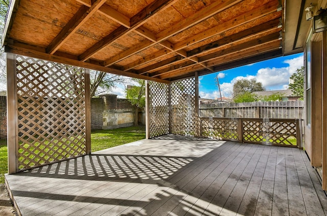 wooden deck featuring a yard and fence