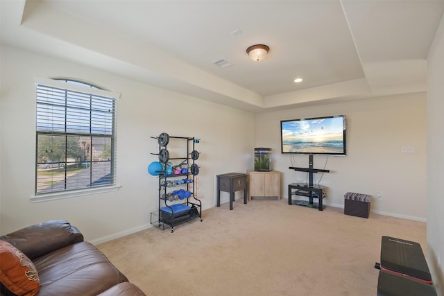 interior space featuring baseboards, a raised ceiling, and carpet