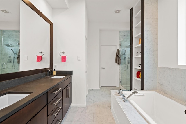 bathroom featuring visible vents, a stall shower, a sink, a garden tub, and marble finish floor