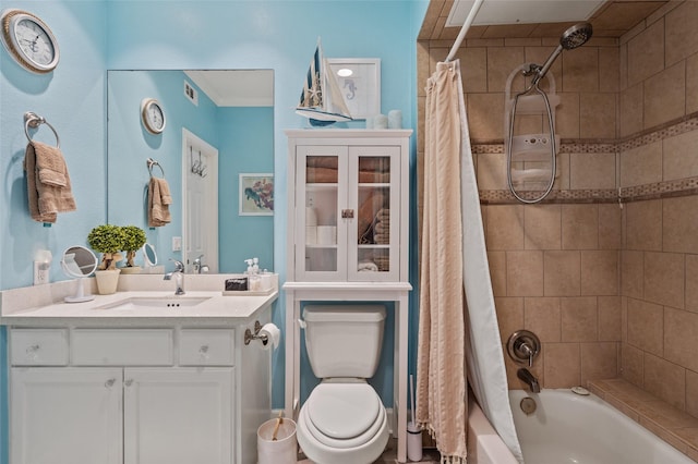 bathroom featuring visible vents, shower / bathtub combination with curtain, vanity, and toilet